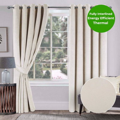 Home Curtains Thermal Interlined Soft Velour 45w x 54d" (114x137cm) Natural Eyelet Curtains (PAIR)