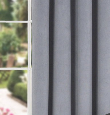 Home Curtains Thermal Interlined Soft Velour 90w x 90d" (229x229cm) Mid Grey Eyelet Curtains (PAIR)