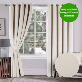 Home Curtains Thermal Interlined Soft Velour 90w x 90d" (229x229cm) Natural Eyelet Curtains (PAIR)