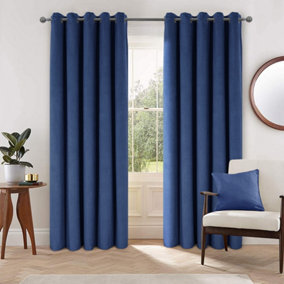 Home Curtains Thermal Interlined Soft Velour 90w x 90d" (229x229cm) Navy Eyelet Curtains (PAIR)