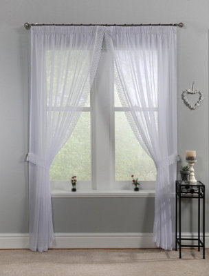 Home Curtains Tiffany Voile with Macrame Edge 55w x 42d" (140x107cm) White Pencil Pleat Curtains (PAIR) With Tiebacks Included