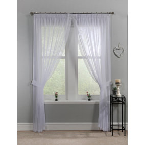 Home Curtains Tiffany Voile with Macrame Edge 55w x 42d" (140x107cm) White Pencil Pleat Curtains (PAIR) With Tiebacks Included
