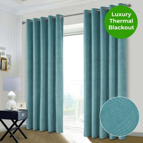 Home Curtains Valentina Embossed Velour Complete Blackout 65w x 72d" (165x183cm) Teal Eyelet Curtains (PAIR)