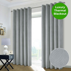 Home Curtains Valentina Embossed Velour Complete Blackout 65w x 90d" (165x229cm) Silver Eyelet Curtains (PAIR)