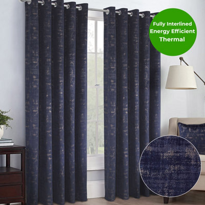 Home Curtains Venice Thermal Interlined 65w x 72d" (165x183cm) Navy Eyelet Curtains (PAIR)