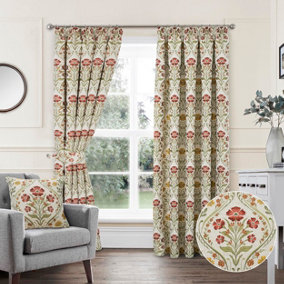 Home Curtains Vermont Chenille Floral Tapestry Fully Lined 45w x 54d" (114x137cm) Terracotta Pencil Pleat Curtains (PAIR)
