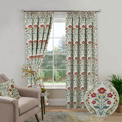 Home Curtains Vermont Chenille Floral Tapestry Fully Lined 65w x 54d" (165x137cm) Blue Pencil Pleat Curtains (PAIR)