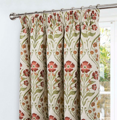 Home Curtains Vermont Chenille Floral Tapestry Fully Lined 65w x 54d" (165x137cm) Terracotta Pencil Pleat Curtains (PAIR)