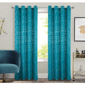 Home Curtains Victoria Metallic 108w x 72d" (274x183cm) Teal Eyelet Curtains (PAIR)