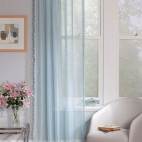 Home Curtains Voile Pom Pom Trimmed Slot top Single Panel 56w" x 36d" (142x91cm) Duckegg (1)