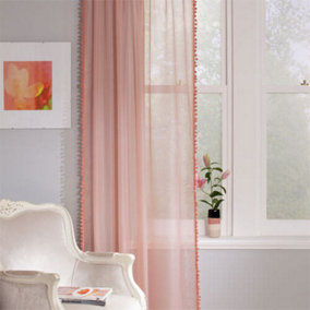 Home Curtains Voile Pom Pom Trimmed Slot top Single Panel 56w" x 36d" (142x91cm) Dusky Pink (1)