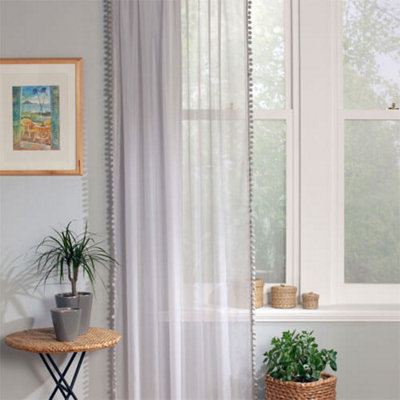 Home Curtains Voile Pom Pom Trimmed Slot top Single Panel 56w" x 36d" (142x91cm) Grey (1)