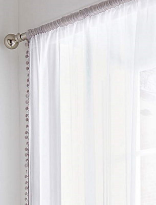 Home Curtains Voile Pom Pom Trimmed Slot top Single Panel 56w" x 36d" (142x91cm) Grey (1)