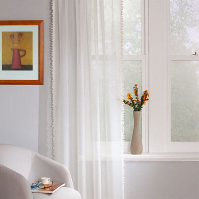 Home Curtains Voile Pom Pom Trimmed Slot top Single Panel 56w" x 36d" (142x91cm) Natural (1)