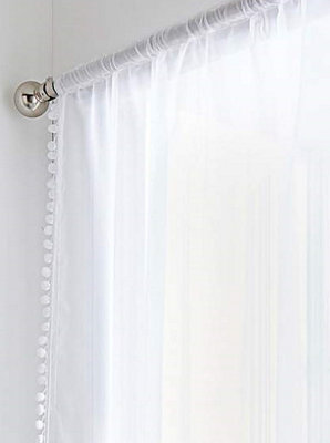 Home Curtains Voile Pom Pom Trimmed Slot top Single Panel 56w" x 36d" (142x91cm) White (1)