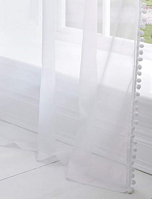 Home Curtains Voile Pom Pom Trimmed Slot top Single Panel 56w" x 36d" (142x91cm) White (1)