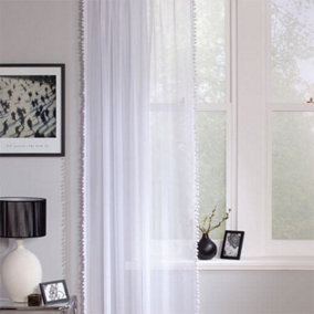 Home Curtains Voile Pom Pom Trimmed Slot top Single Panel 56w" x 42d" (142x107cm) White (1)