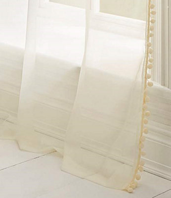 Home Curtains Voile Pom Pom Trimmed Slot top Single Panel 56w" x 63d" (142x160cm) Natural (1)