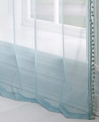 Home Curtains Voile Pom Pom Trimmed Slot top Single Panel 56w" x 72d" (142x183cm) Duckegg (1)