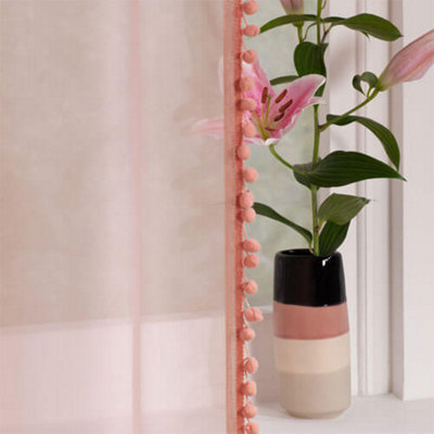 Home Curtains Voile Pom Pom Trimmed Slot top Single Panel 56w" x 90d" (142x229cm) Dusky Pink (1)