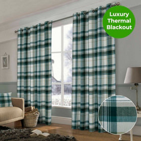 Home Curtains Warrington Checkered Faux Wool Lined Blackout 45w x 54d" (114x137cm) Green Eyelet Curtains (PAIR)