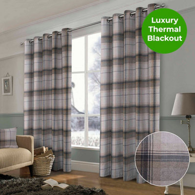 Home Curtains Warrington Checkered Faux Wool Lined Blackout 45w x 54d" (114x137cm) Grey Eyelet Curtains (PAIR)