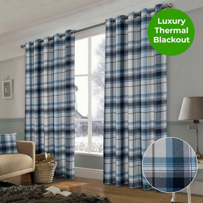 Home Curtains Warrington Checkered Faux Wool Lined Blackout 45w x 54d" (114x137cm) Navy Eyelet Curtains (PAIR)