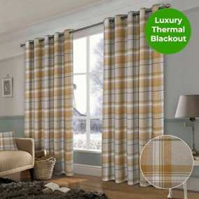 Home Curtains Warrington Checkered Faux Wool Lined Blackout 45w x 72d" (114x183cm) Ochre Eyelet Curtains (PAIR)