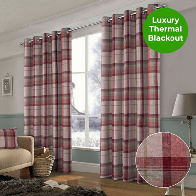 Home Curtains Warrington Checkered Faux Wool Lined Blackout 65w x 72d" (165x183cm) Red Eyelet Curtains (PAIR)