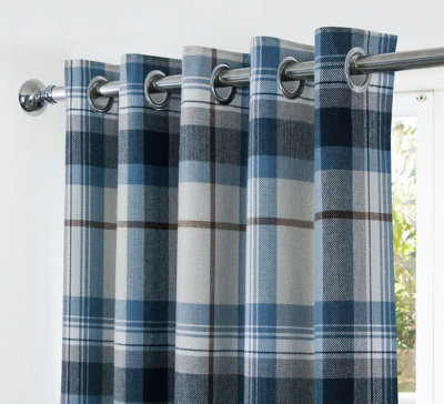 Home Curtains Warrington Checkered Faux Wool Lined Blackout 65w x 90d" (165x229cm) Navy Eyelet Curtains (PAIR)