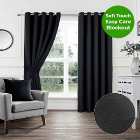 Home Curtains Woven Blockout 45w x 54d" (114x137cm) Black Eyelet Curtains (PAIR)