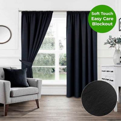 Home Curtains Woven Blockout 45w x 54d 114x137cm Black Pencil Pleat Curtains PAIR