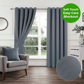 Home Curtains Woven Blockout 45w x 54d" (114x137cm) Grey Eyelet Curtains (PAIR)