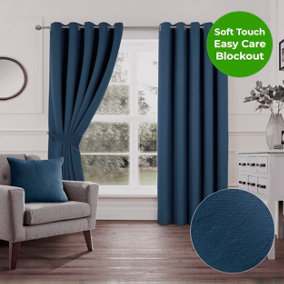 Home Curtains Woven Blockout 45w x 54d" (114x137cm) Navy Blue Eyelet Curtains (PAIR)