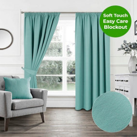Home Curtains Woven Blockout 45w" x 54d" (114x137cm) Soft Teal Pencil Pleat Curtains (PAIR)