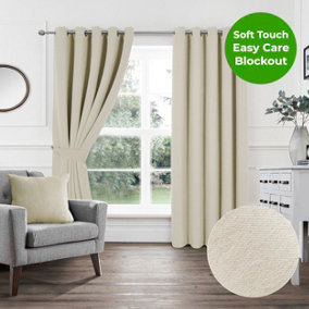 Home Curtains Woven Blockout 65w x 54d" (165x137cm) Natural Eyelet Curtains (PAIR)