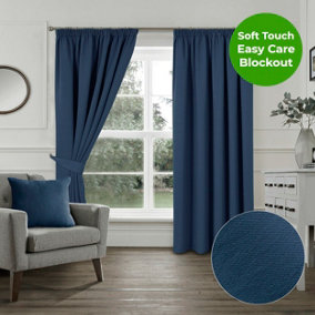 Home Curtains Woven Blockout 65w" x 90d" (165x229cm) Navy Blue Pencil Pleat Curtains (PAIR)