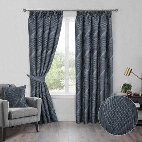 Home Curtains Zen Metallic Detailed Fully Lined 45w x 54d" (114x137cm) Charcoal Pencil Pleat Curtains (PAIR)