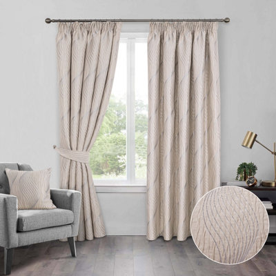 Home Curtains Zen Metallic Detailed Fully Lined 45w x 54d" (114x137cm) Natural Pencil Pleat Curtains (PAIR)