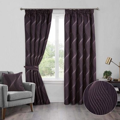 Home Curtains Zen Metallic Detailed Fully Lined 45w x 54d" (114x137cm) Plum Pencil Pleat Curtains (PAIR)