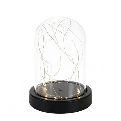 Home Deco Glass Dome Cloche Table Lamp with Wood Base Battery Operated LED Table Light