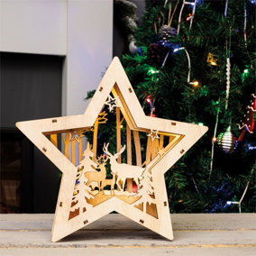 Home Decoration Battery Powered Wooden Light Up Christmas Star Ornament