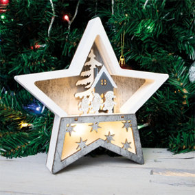 Home Festive Battery Powered Wooden Light Up Christmas Star with Internal LED's