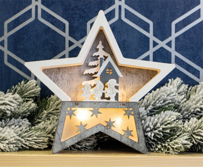 Home Festive Battery Powered Wooden Light Up Christmas Star with Internal LED's