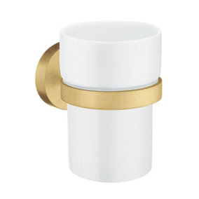 HOME - Holder with Tumbler. Brushed Brass/Porcelain. Height 98 mm.