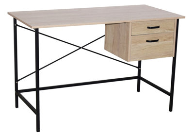 Home office 2 drawer desk, oak effect with metal legs