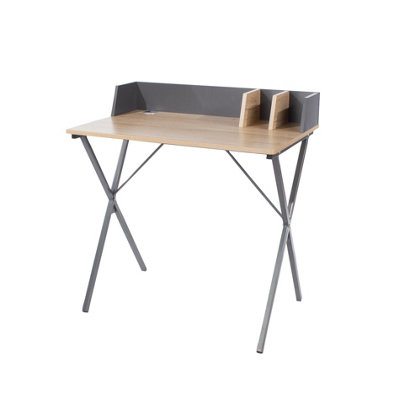 Home Office Study Desk, oak effect top with grey metal cross legs