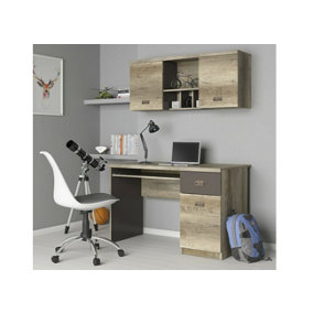 Home Office Study Furniture Set: Desk & Wall Mounted Unit Oak Effect Grey Storage Malcolm