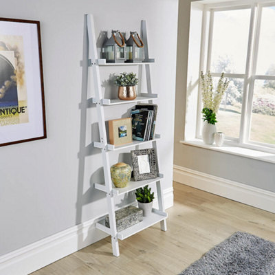 White wall store ladder shelf