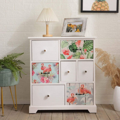 Home Source Adlington Fully Assembled 7 Drawer Chest White Floral Flamingo Bedroom Storage Unit